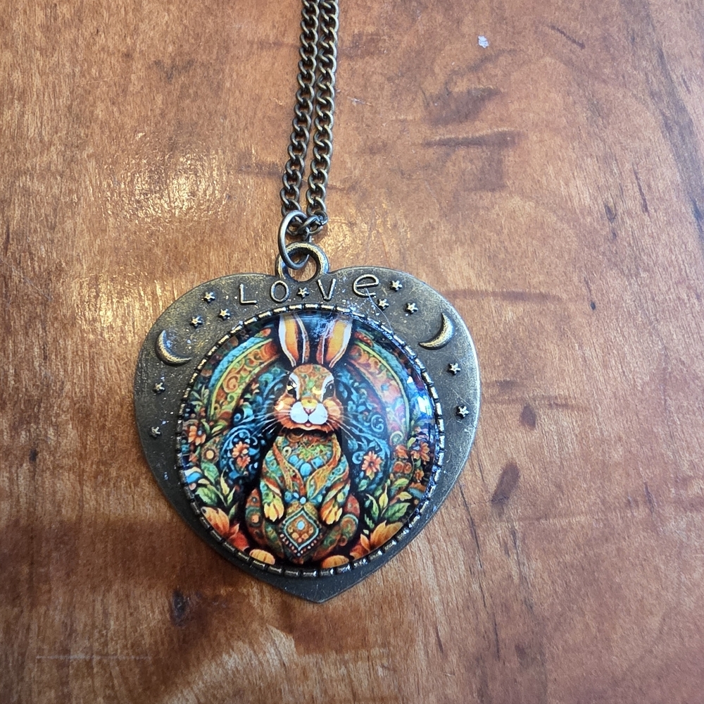 Ladies Bunny Rabbit Pendant In Bronze Tone Bezel With 22 Inch Chain Necklace